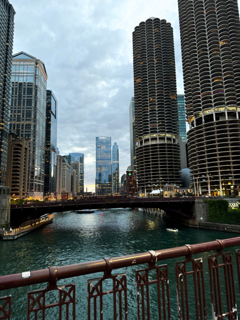 Downtown Chicago and River at Night time 